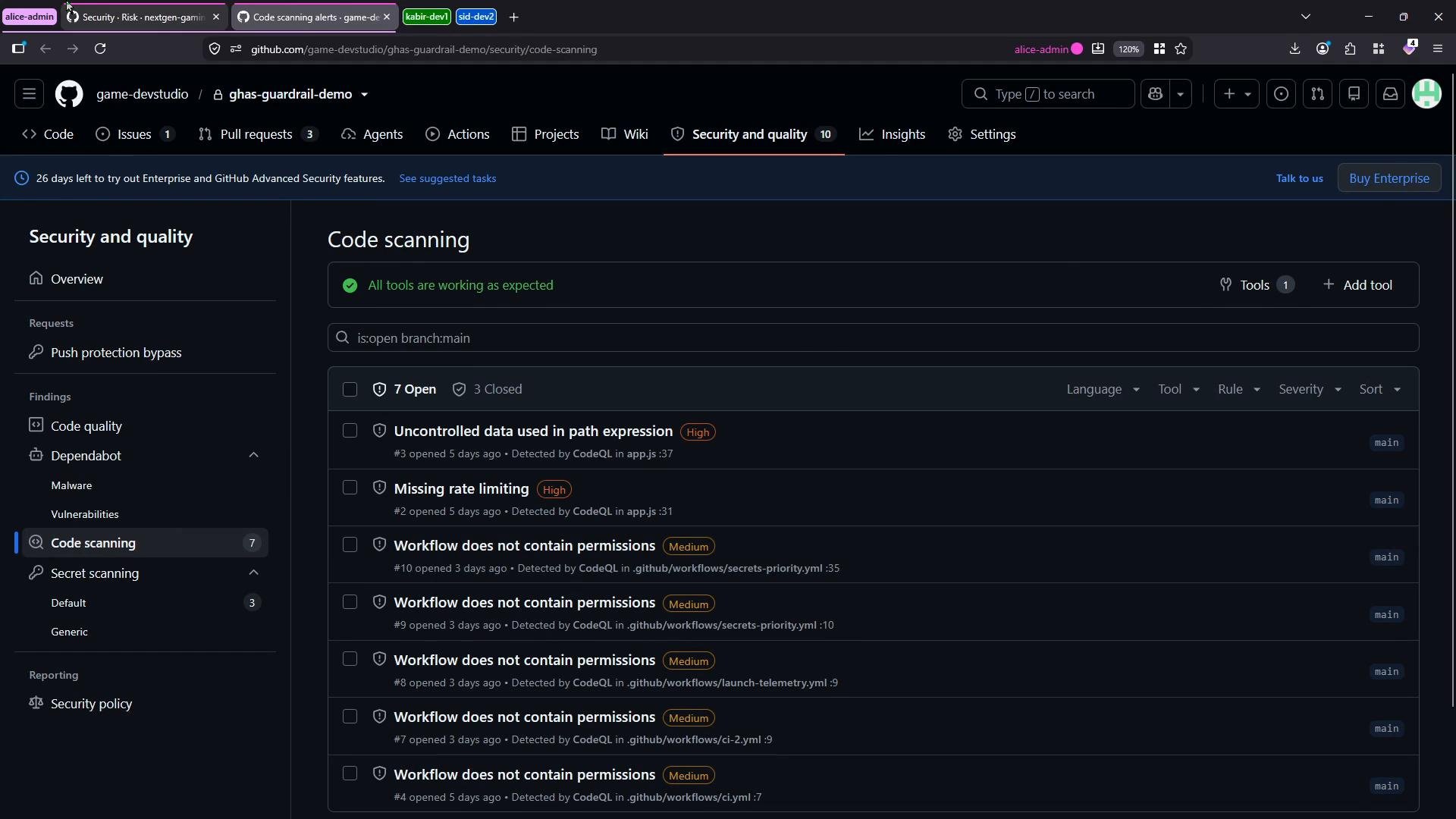 A dark-themed GitHub "Security and quality" -> "Code scanning" screen for a repository, showing a list of code scanning alerts. The findings include issues like "Uncontrolled data used in path expression," "Missing rate limiting," and several "Workflow does not contain permissions" items with severity tags.