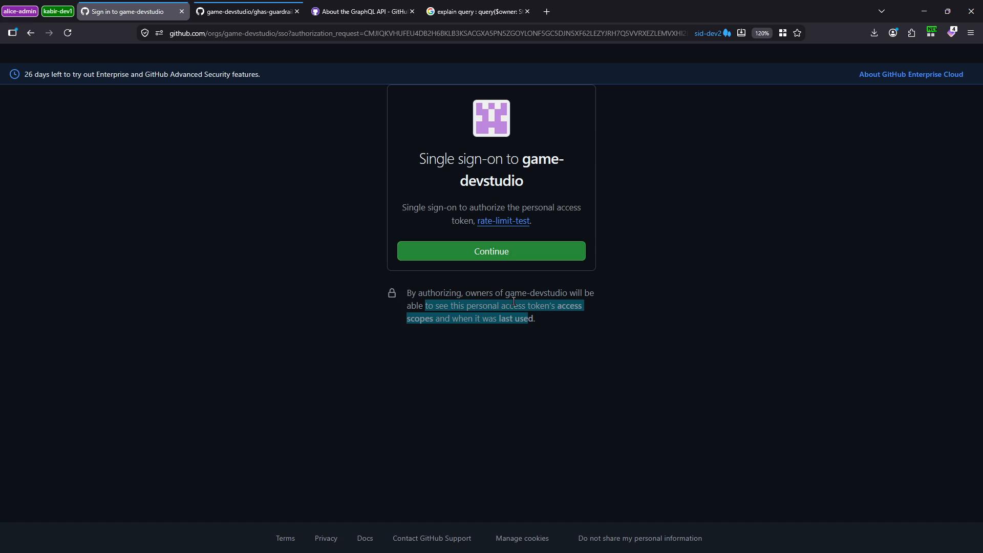 A dark-themed GitHub single sign-on authorization page prompting to authorize the organization "game-devstudio" with a green "Continue" button. The page also notes owners will be able to see the personal access token's access scopes and usage.