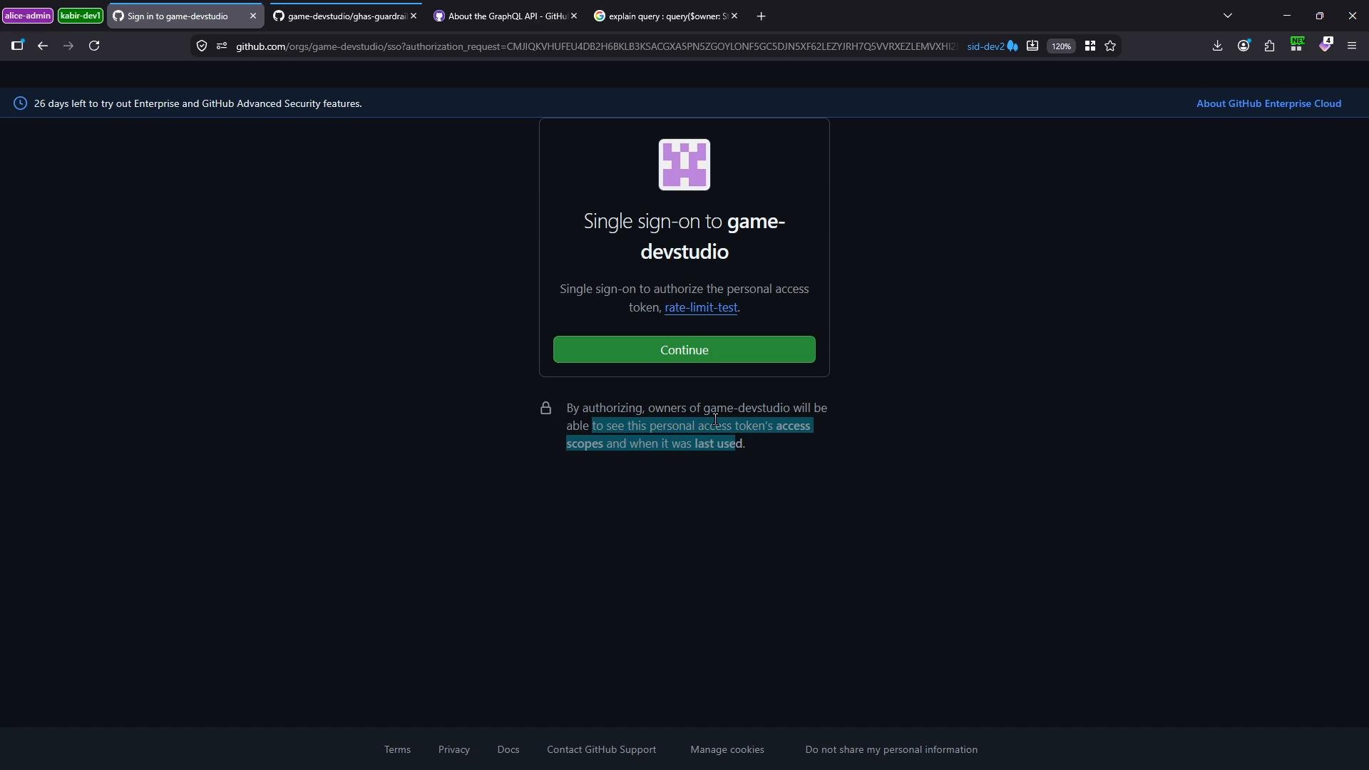 A dark-themed GitHub single sign-on authorization page prompting to authorize the organization "game-devstudio" with a green "Continue" button. The page also notes owners will be able to see the personal access token's access scopes and usage.