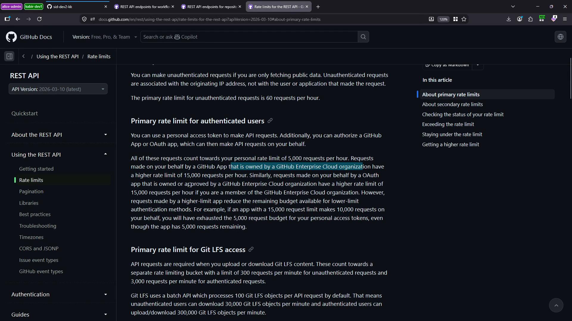A dark-themed screenshot of the GitHub Docs site showing REST API documentation about rate limits. The left sidebar navigation is visible and the main content explains primary rate limits for authenticated and unauthenticated users.