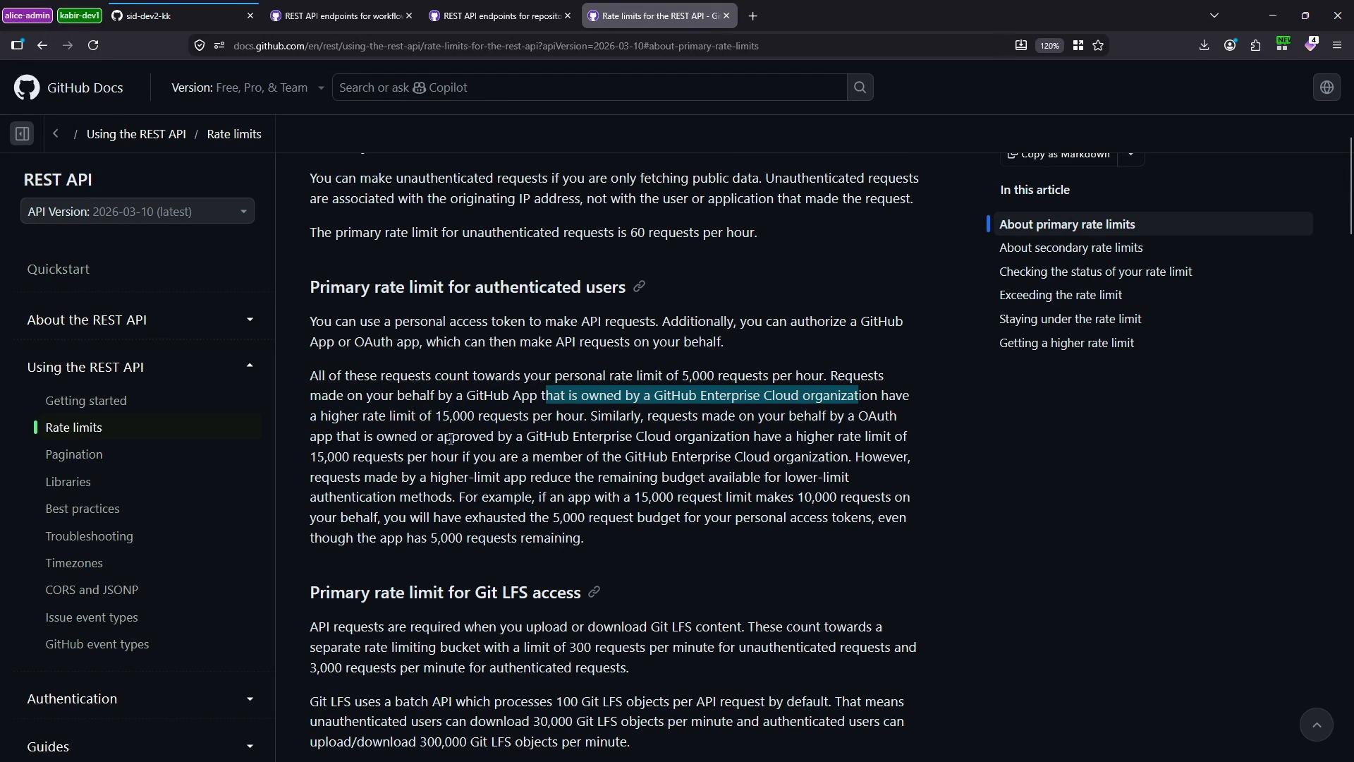 A dark-themed screenshot of the GitHub Docs site showing REST API documentation about rate limits. The left sidebar navigation is visible and the main content explains primary rate limits for authenticated and unauthenticated users.