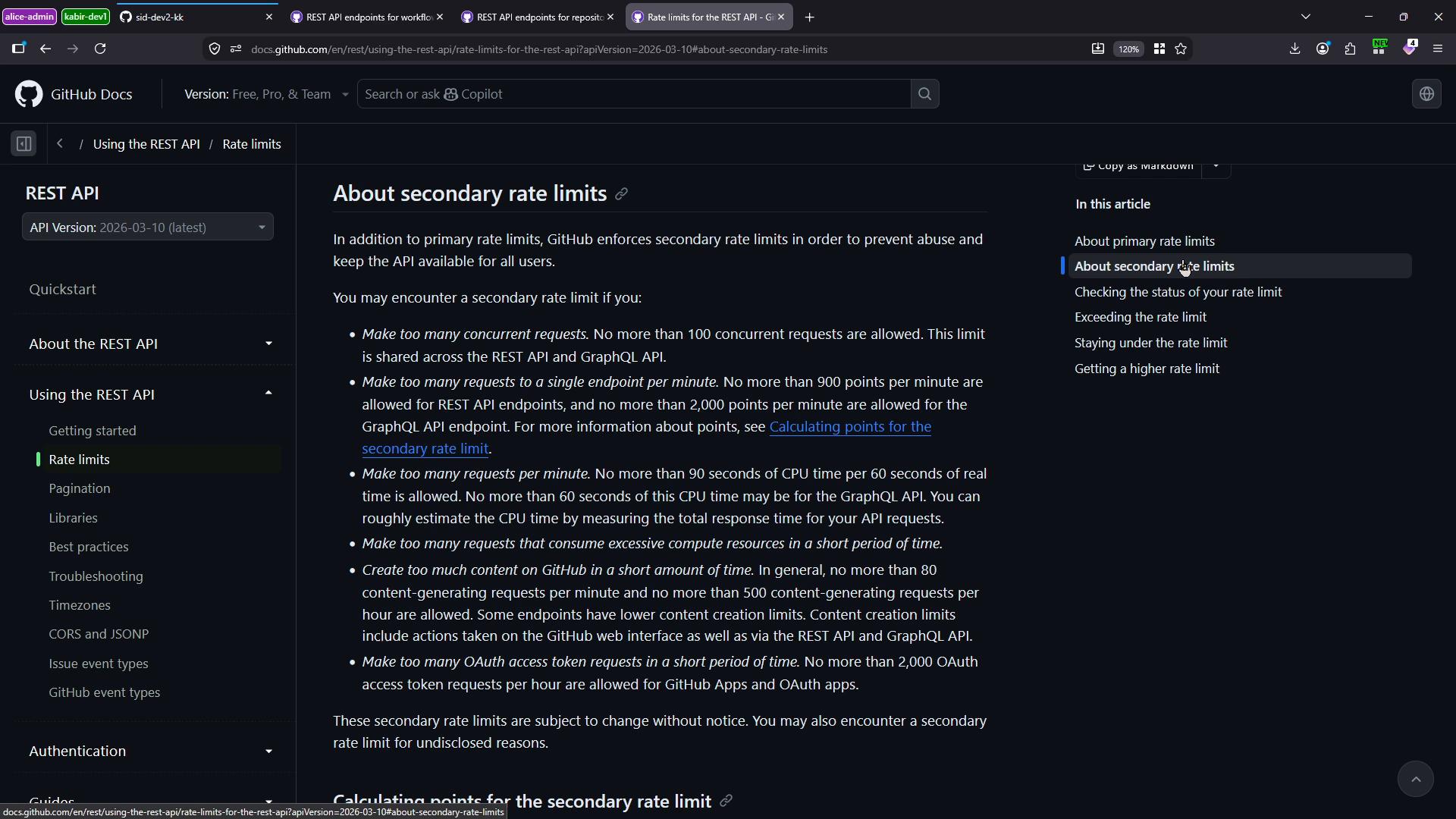 A dark‑mode screenshot of the GitHub Docs page titled "About secondary rate limits," showing the left navigation menu and the main article text describing API rate limit rules and limits.
