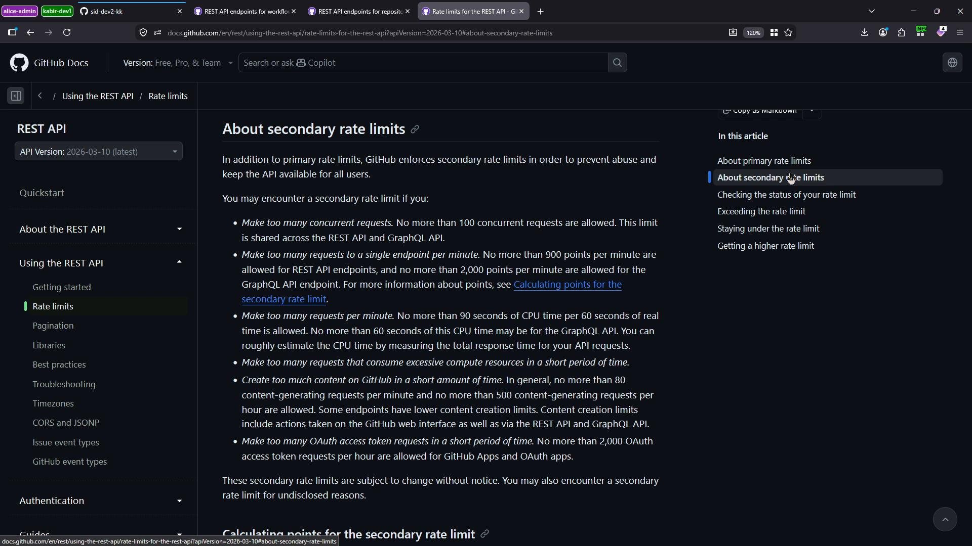 A dark‑mode screenshot of the GitHub Docs page titled "About secondary rate limits," showing the left navigation menu and the main article text describing API rate limit rules and limits.