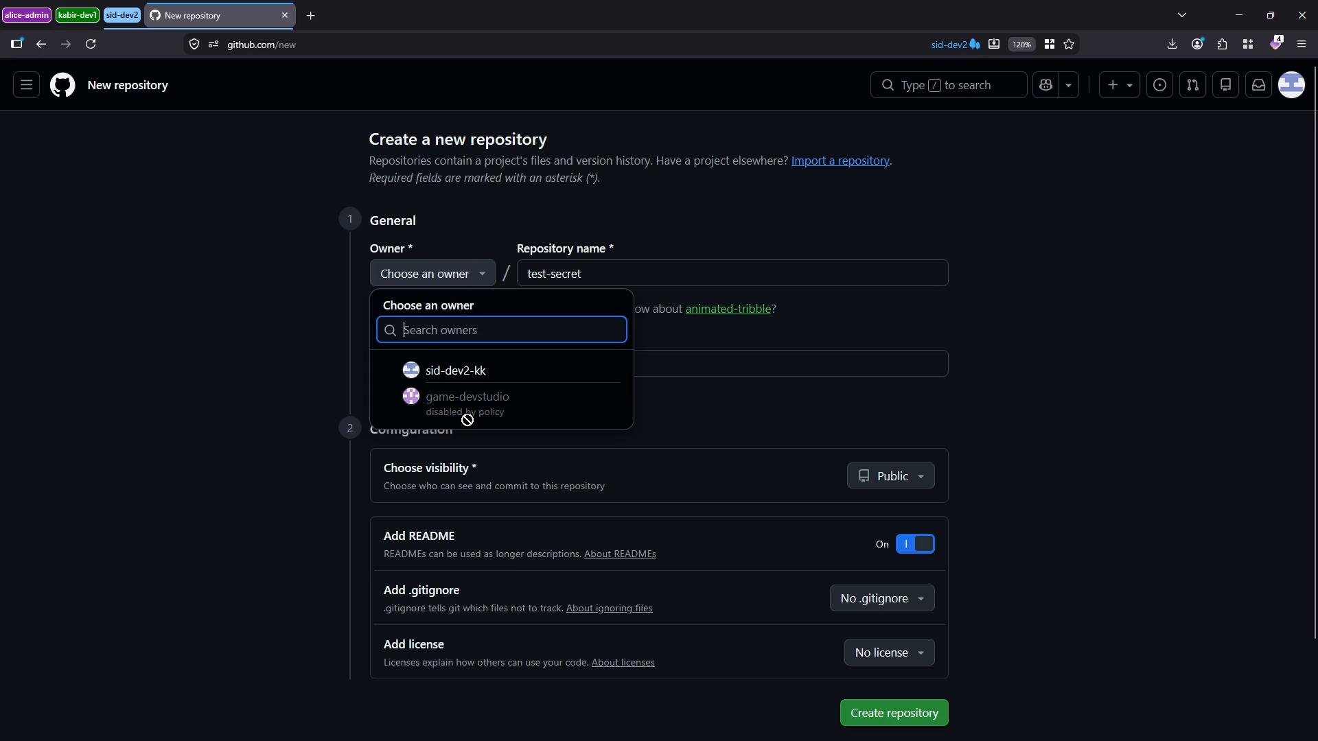 A dark-mode screenshot of GitHub's "Create a new repository" page with the owner dropdown open and "test-secret" entered as the repository name. Repository configuration options like visibility, README, .gitignore, and license are visible below.