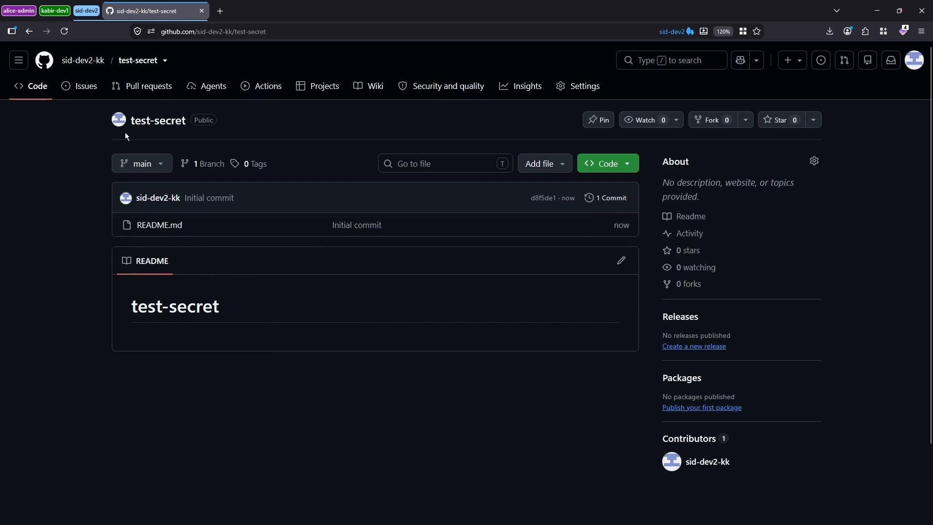 A dark-mode GitHub repository page for a public repo named "test-secret," showing the main branch, an initial commit and a README.md file. The README title "test-secret" is visible and the right sidebar lists repo details (no stars, forks, or releases).