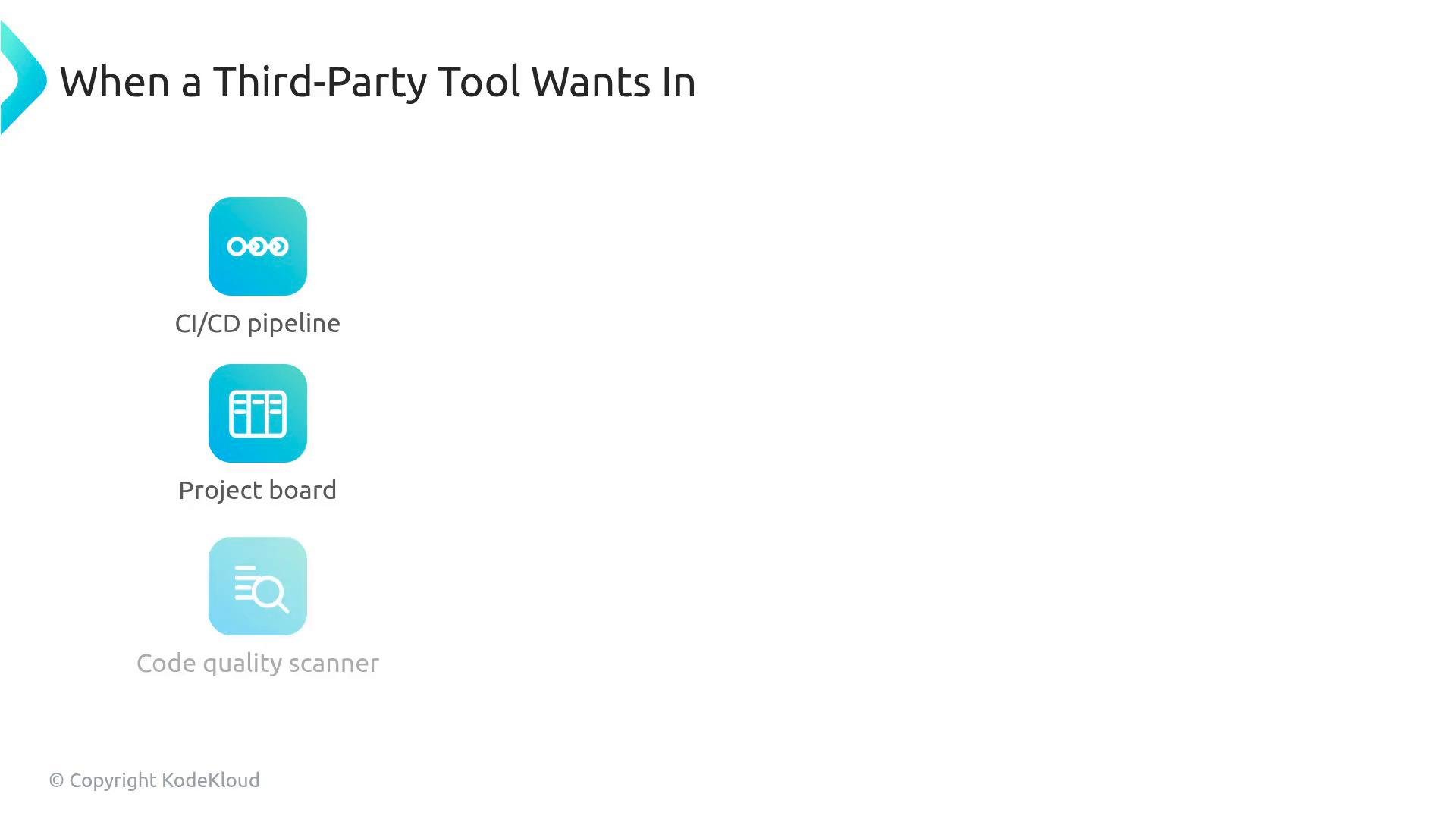 A slide titled "When a Third-Party Tool Wants In" showing three blue app-style icons labeled "CI/CD pipeline", "Project board", and "Code quality scanner."
