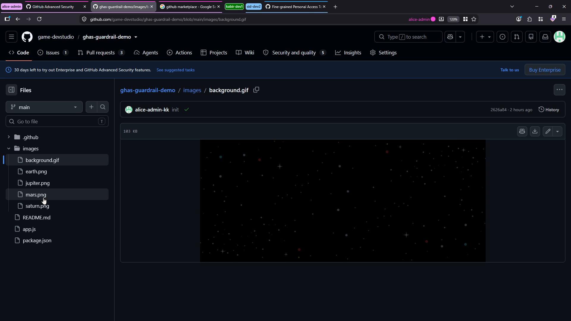 A GitHub repository page in dark mode showing a file tree with an images folder and "background.gif" selected. The preview shows a black, starry space background with small colored stars.
