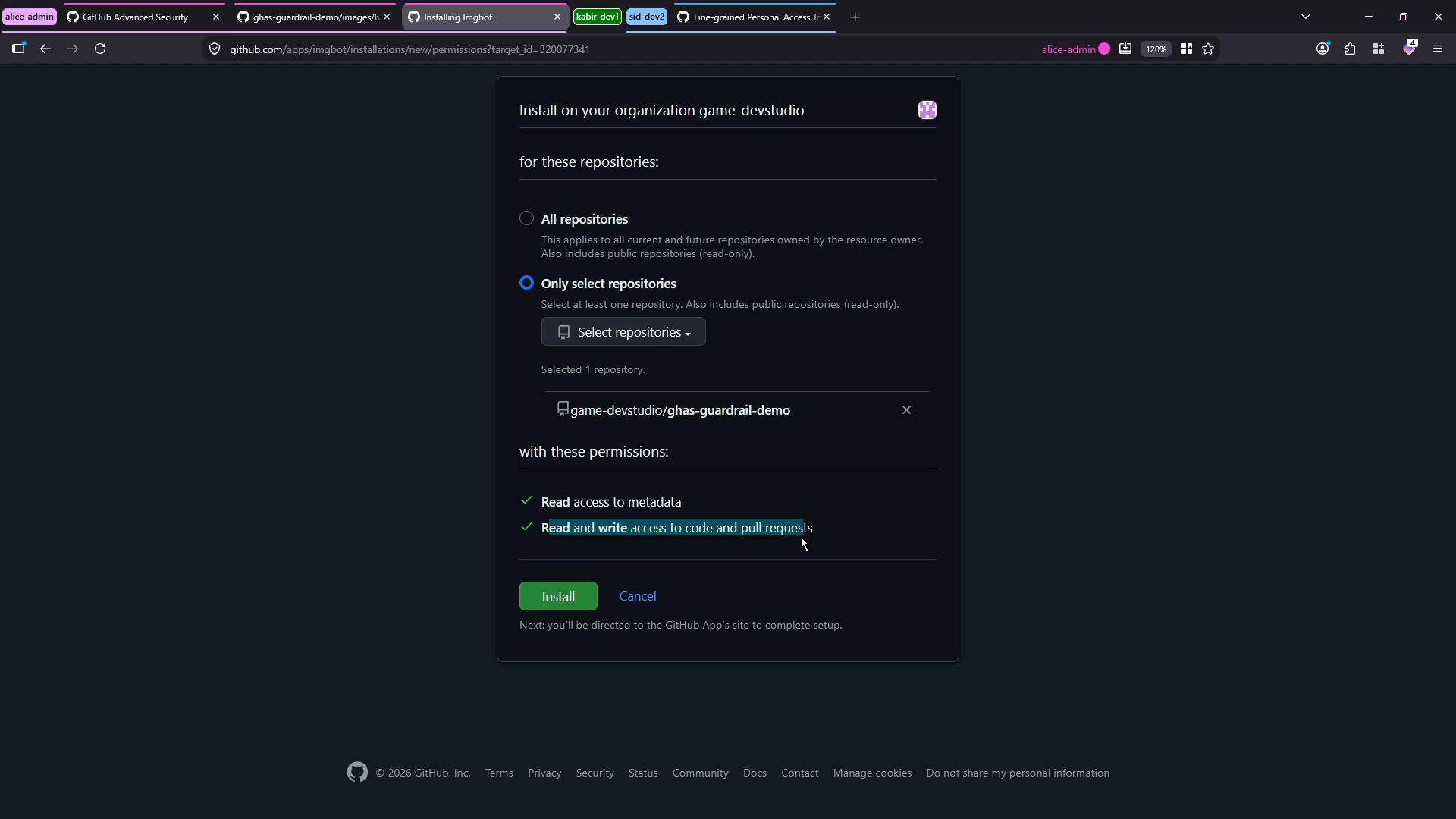 A screenshot of a GitHub app installation page asking to install an app on the organization "game-devstudio." It shows the "Only select repositories" option with one repo selected (ghas-guardrail-demo), listed permissions, and Install/Cancel buttons.