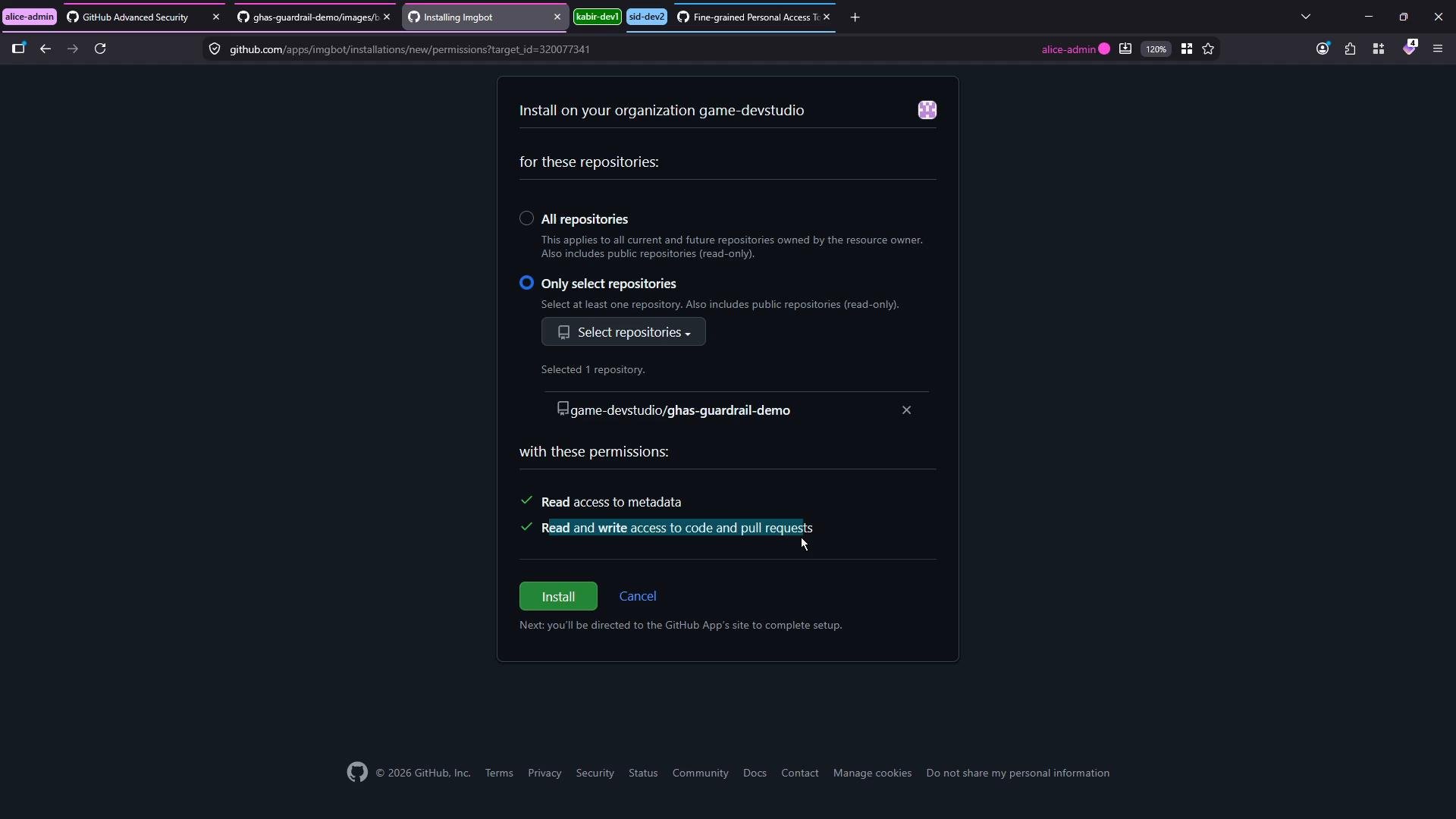 A screenshot of a GitHub app installation page asking to install an app on the organization "game-devstudio." It shows the "Only select repositories" option with one repo selected (ghas-guardrail-demo), listed permissions, and Install/Cancel buttons.