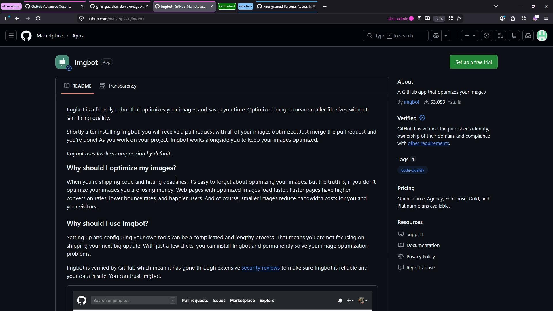 A dark-themed screenshot of the GitHub Marketplace page for "Imgbot," showing the app's README content on the left and an About panel on the right with install count, verification badge, tags, and a "Set up a free trial" button. The README explains that Imgbot optimizes images and why you should use it.