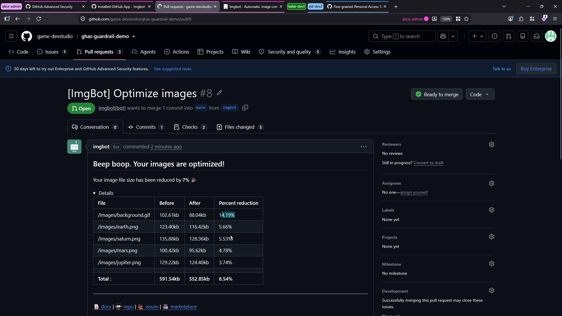 A dark‑mode GitHub pull request page titled "[ImgBot] Optimize images #8." The imgbot comment displays a table showing image filenames with their before/after file sizes and percent size reductions.