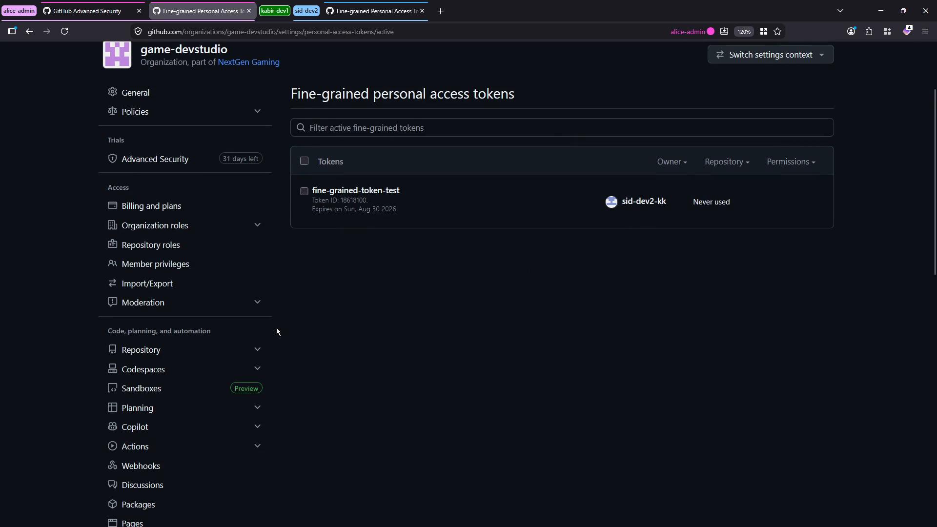 A dark-mode screenshot of a GitHub organization settings page for "game-devstudio" showing the "Fine‑grained personal access tokens" area with one token named "fine-grained-token-test" owned by "sid-dev2-kk." The left sidebar lists various organization settings like Billing and plans, Organization roles, Repository roles, Codespaces, and Actions.