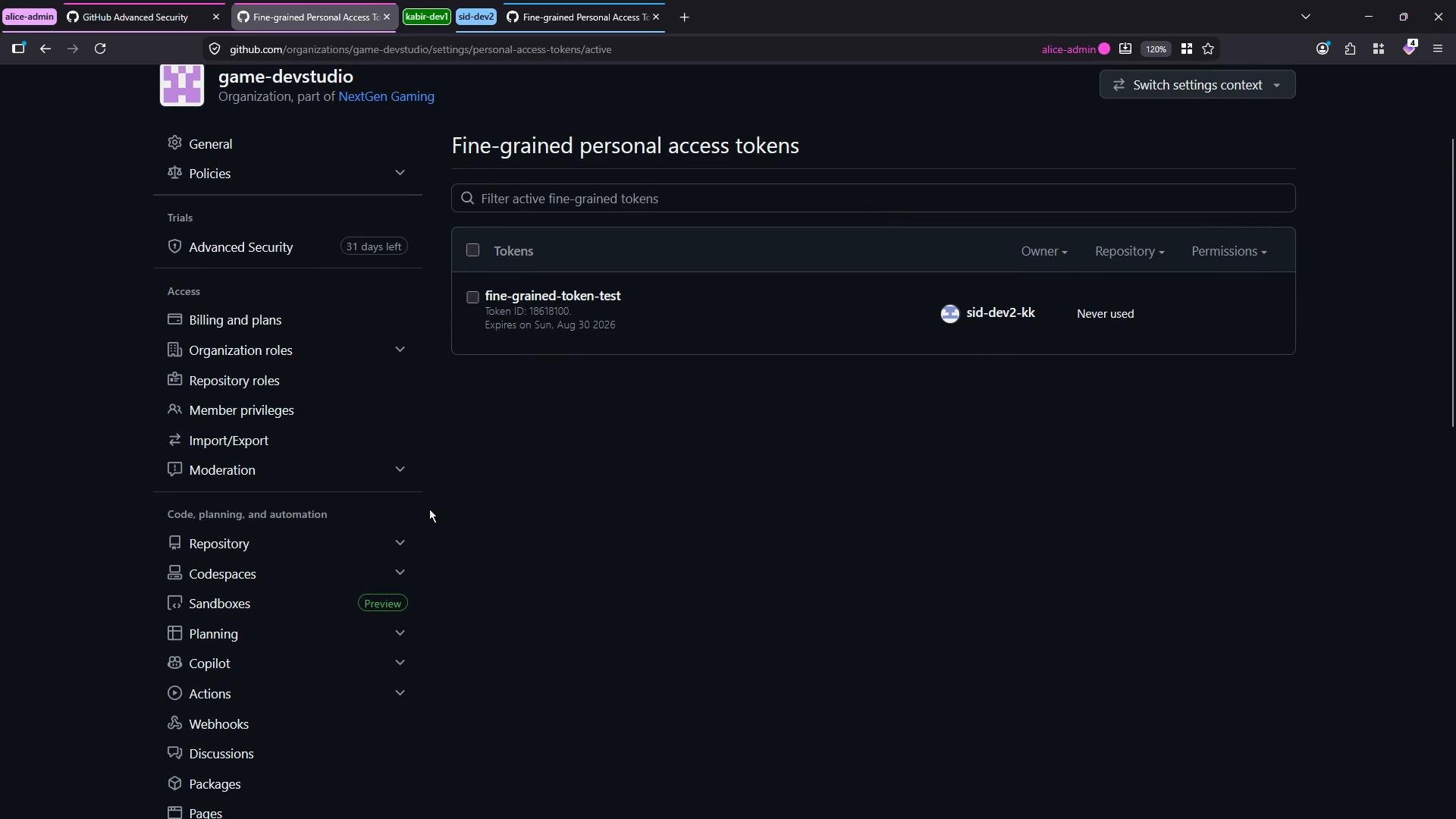 A dark-mode screenshot of a GitHub organization settings page for "game-devstudio" showing the "Fine‑grained personal access tokens" area with one token named "fine-grained-token-test" owned by "sid-dev2-kk." The left sidebar lists various organization settings like Billing and plans, Organization roles, Repository roles, Codespaces, and Actions.