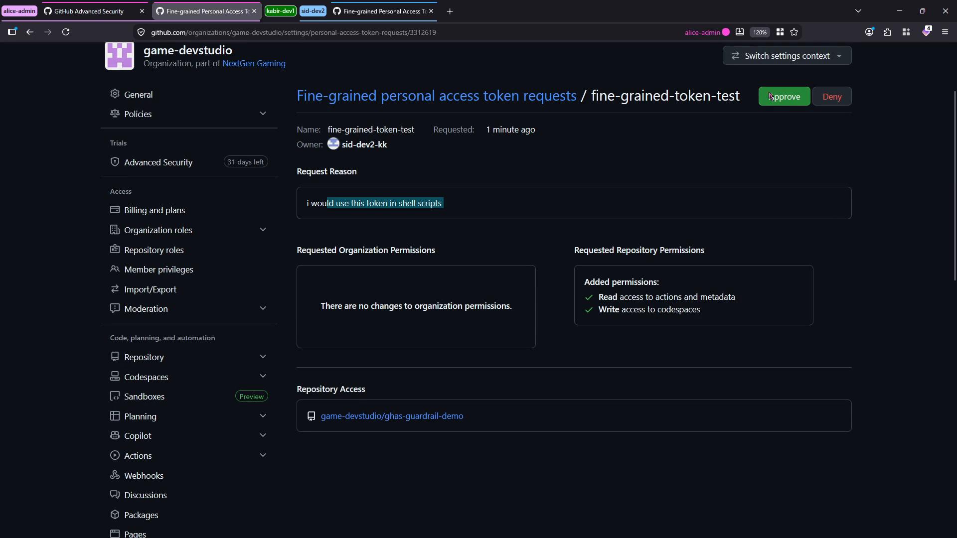 A screenshot of a GitHub organization settings page showing a fine‑grained personal access token request with a short request reason. The page lists requested repository permissions (e.g., read access to actions and write access to codespaces) and shows Approve and Deny buttons.