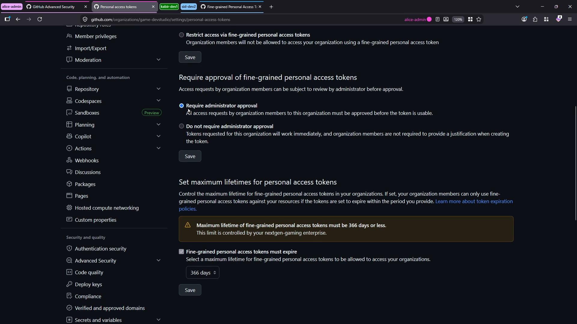 Dark-mode screenshot of a GitHub organization's "Personal access tokens" settings page. It shows options to require administrator approval for fine-grained tokens and to set a maximum token lifetime (366 days), with the left navigation menu visible.
