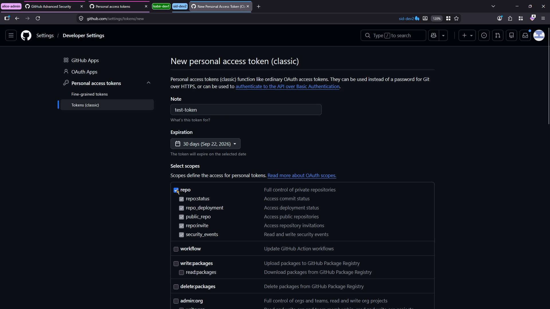 A screenshot of GitHub's Developer Settings showing the "New personal access token (classic)" form with the note set to "test-token", expiration set to 30 days, and repo-related scopes checked. The left sidebar highlights "Personal access tokens" → "Tokens (classic)".
