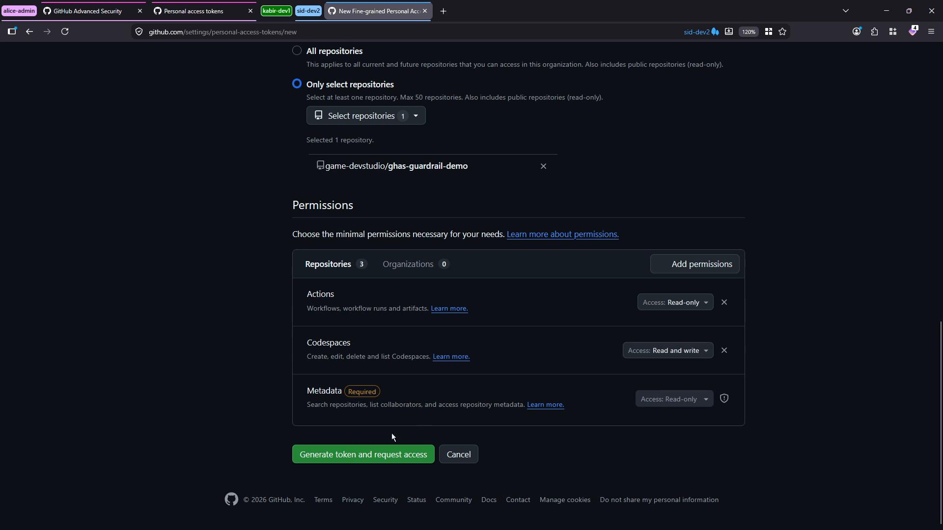 A dark-mode screenshot of GitHub's "New Personal Access Token" settings showing "Only select repositories" with game-devstudio/ghas-guardrail-demo selected. The Permissions panel lists Actions, Codespaces, and Metadata access levels and a green "Generate token and request access" button at the bottom.