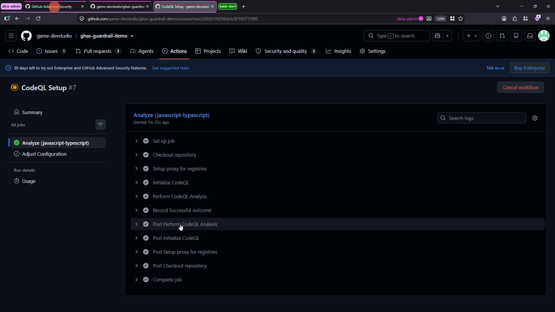 A GitHub Actions workflow run page showing "CodeQL Setup" for a repository. The "Analyze (javascript-typescript)" job is displayed with a checklist of steps (Set up job, Checkout repository, Initialize CodeQL, Perform CodeQL Analysis, etc.).