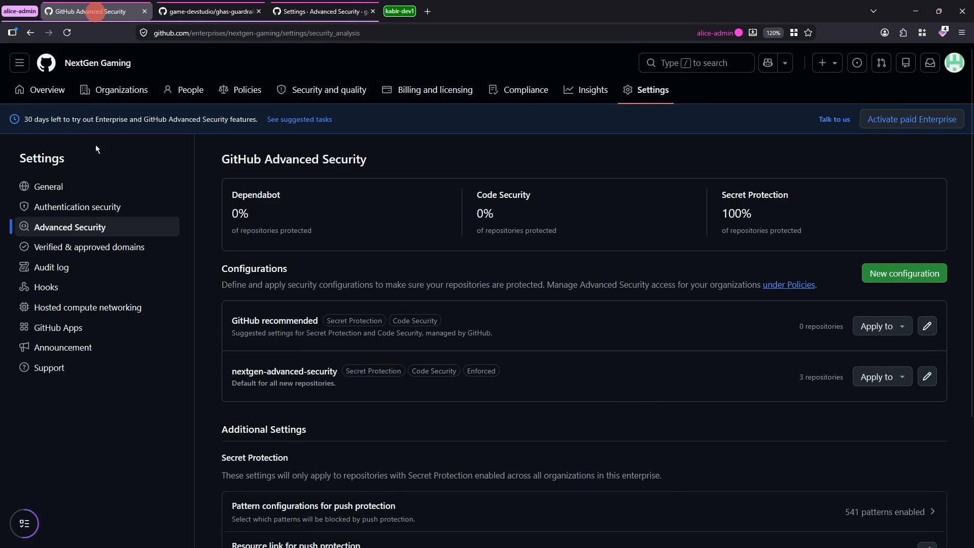 A dark-themed screenshot of a GitHub Enterprise "Advanced Security" settings page for an organization called NextGen Gaming, showing security stats (Dependabot 0%, Code Security 0%, Secret Protection 100%) and configuration options.