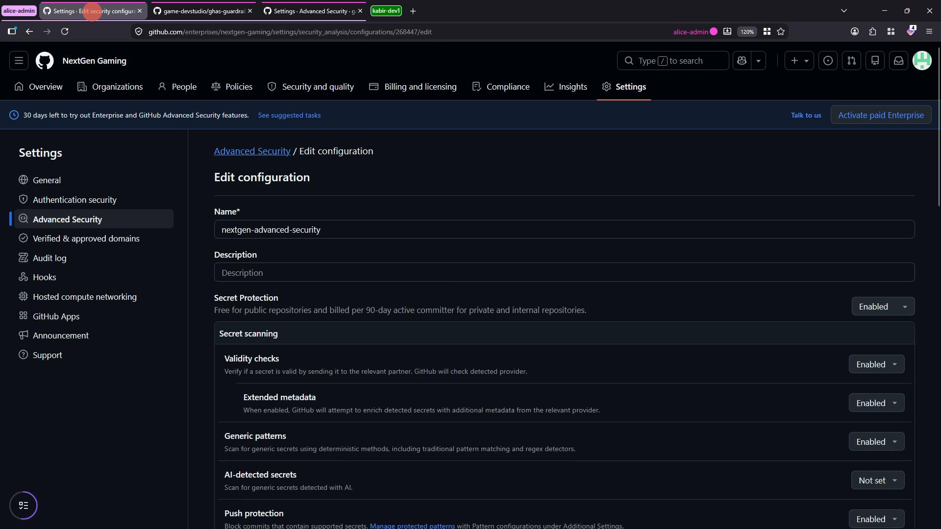 A screenshot of a GitHub Enterprise "Settings" page for the NextGen Gaming organization, showing the Advanced Security "Edit configuration" screen. The page lists configuration fields and secret protection options like secret scanning, validity checks, and push protection with their enabled/disabled states.