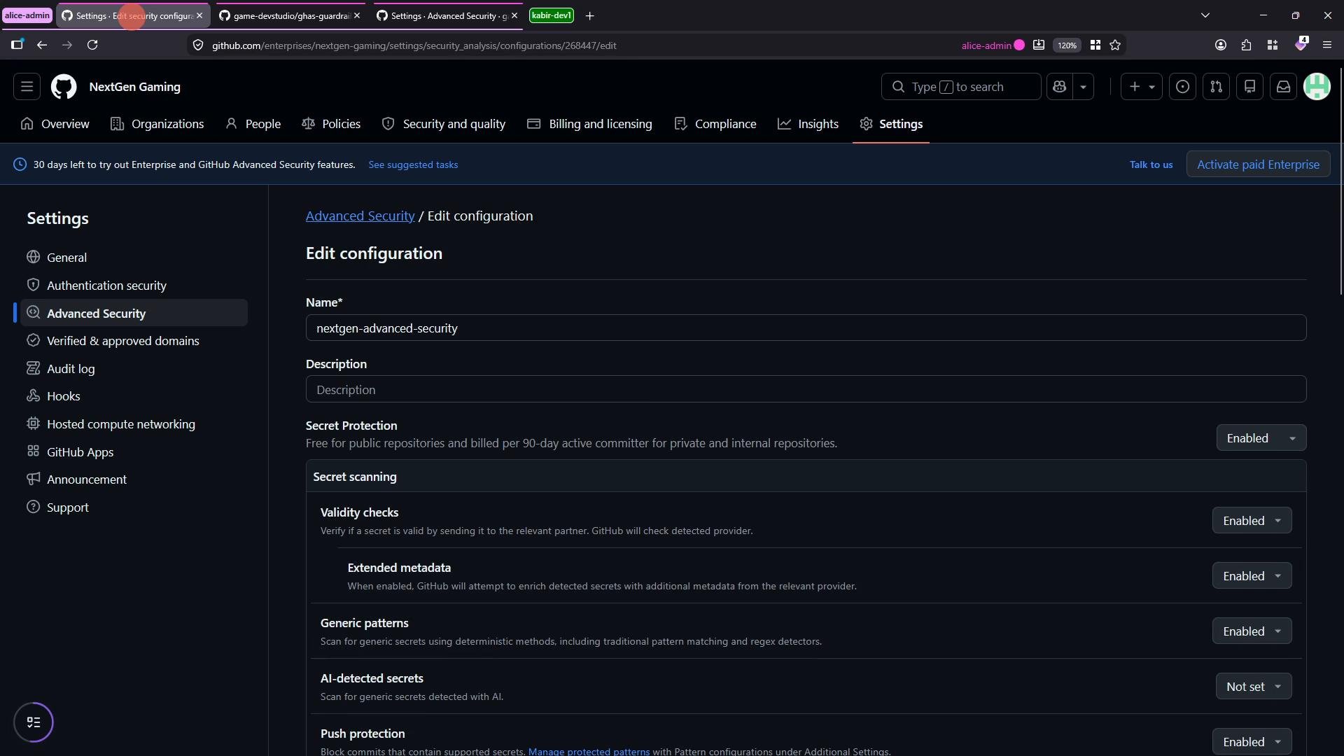 A screenshot of a GitHub Enterprise "Settings" page for the NextGen Gaming organization, showing the Advanced Security "Edit configuration" screen. The page lists configuration fields and secret protection options like secret scanning, validity checks, and push protection with their enabled/disabled states.