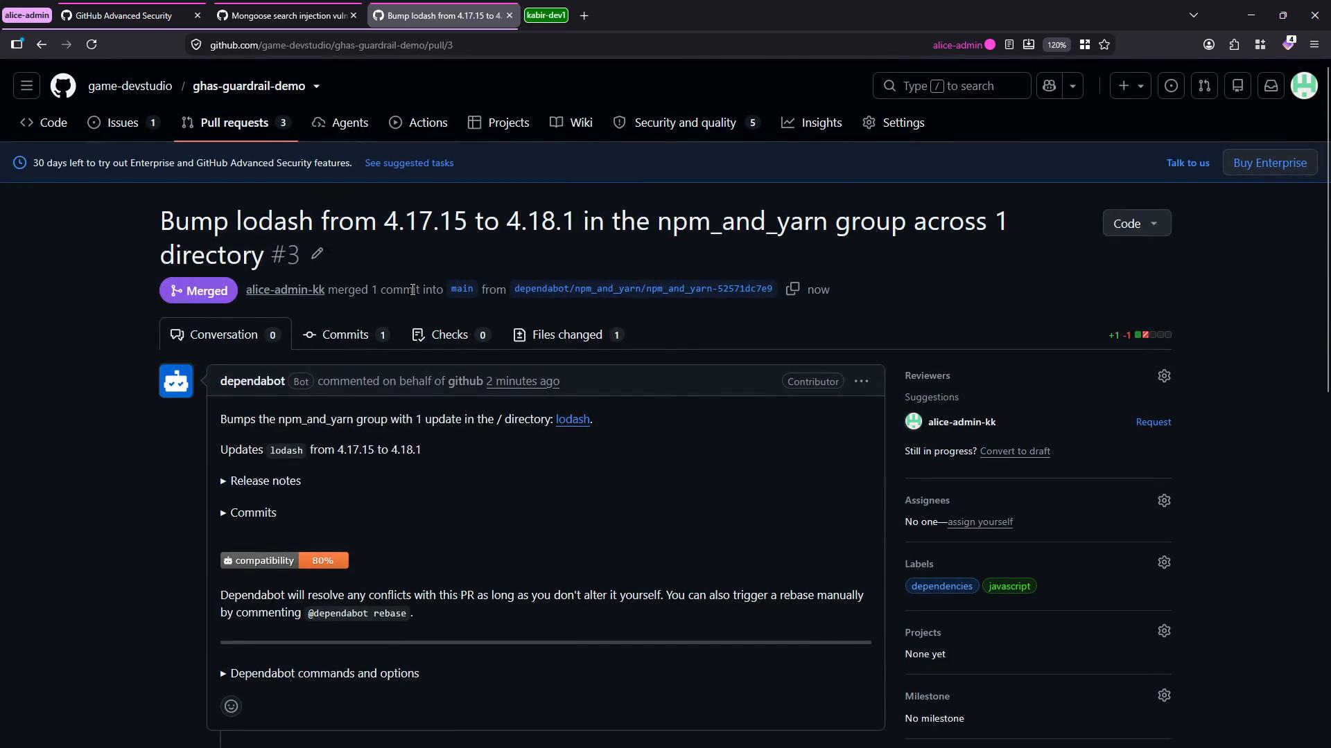 A GitHub pull request page showing a merged Dependabot update that bumps lodash from version 4.17.15 to 4.18.1 in an npm_and_yarn group. The PR details, comments, and labels are visible in a dark-themed interface.