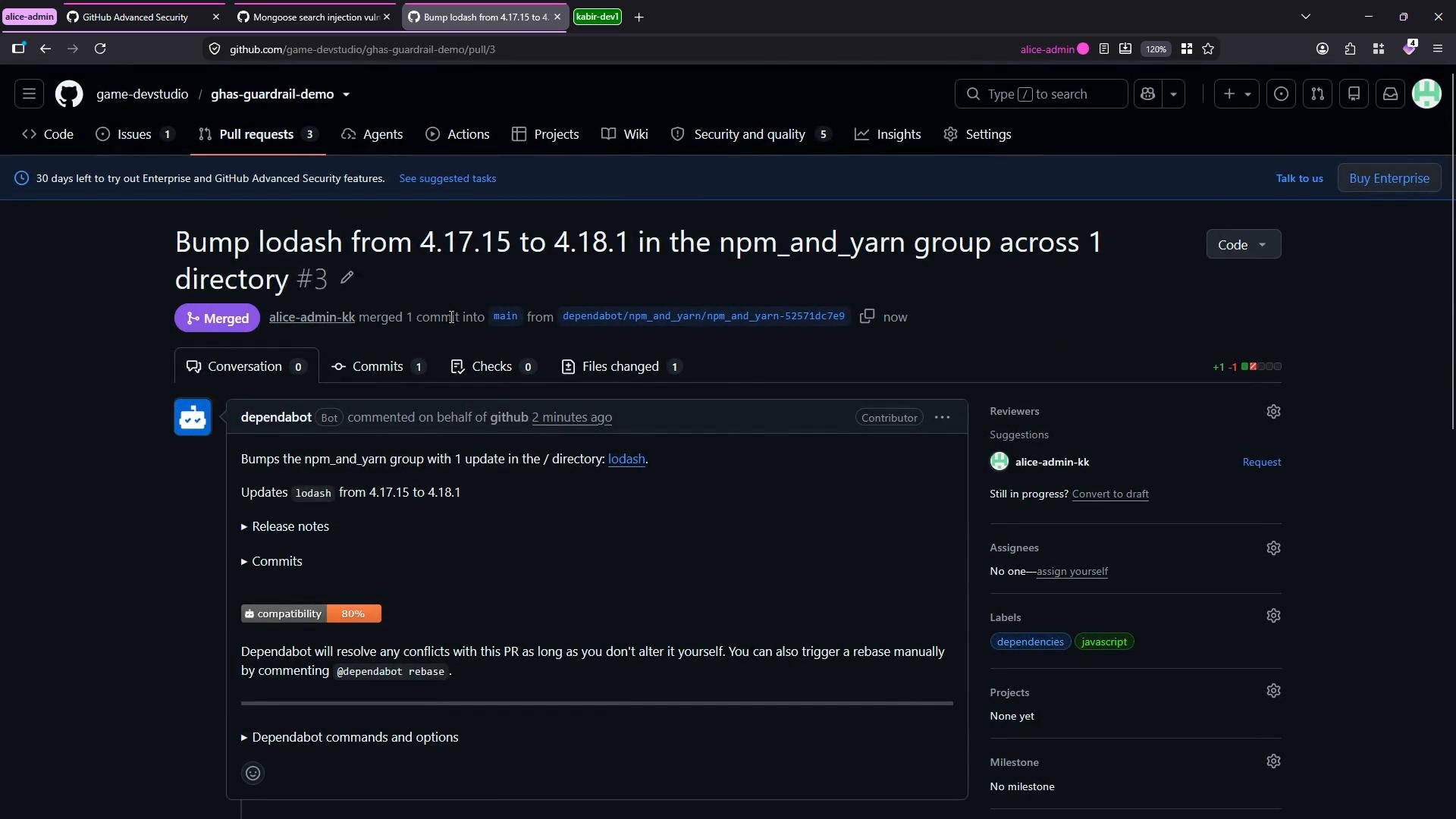 A GitHub pull request page showing a merged Dependabot update that bumps lodash from version 4.17.15 to 4.18.1 in an npm_and_yarn group. The PR details, comments, and labels are visible in a dark-themed interface.