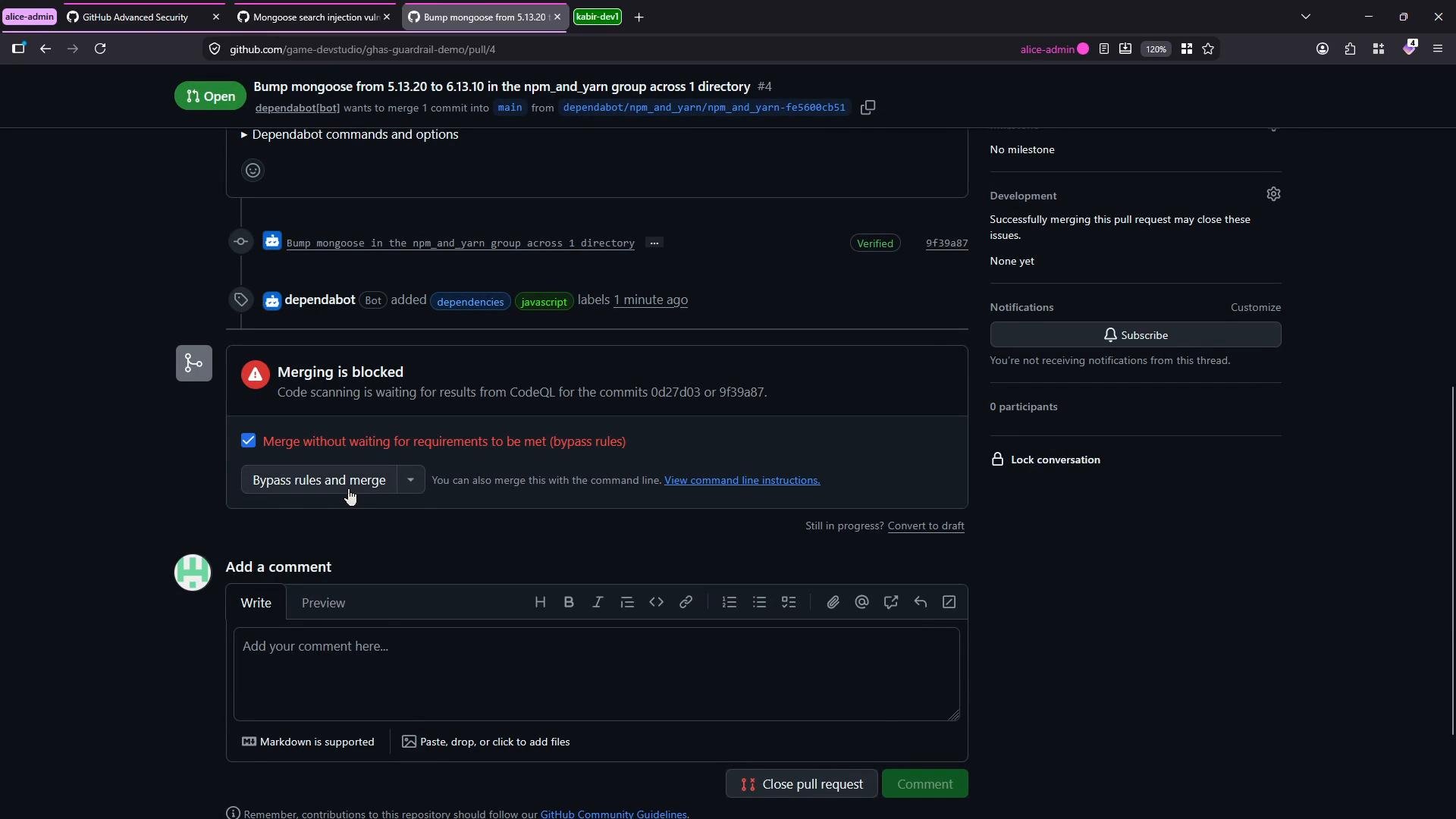 A dark-mode GitHub pull request page showing a Dependabot update to bump mongoose with a warning that merging is blocked while CodeQL scanning waits for results. The UI shows an option to bypass rules and merge, plus a comment box at the bottom.