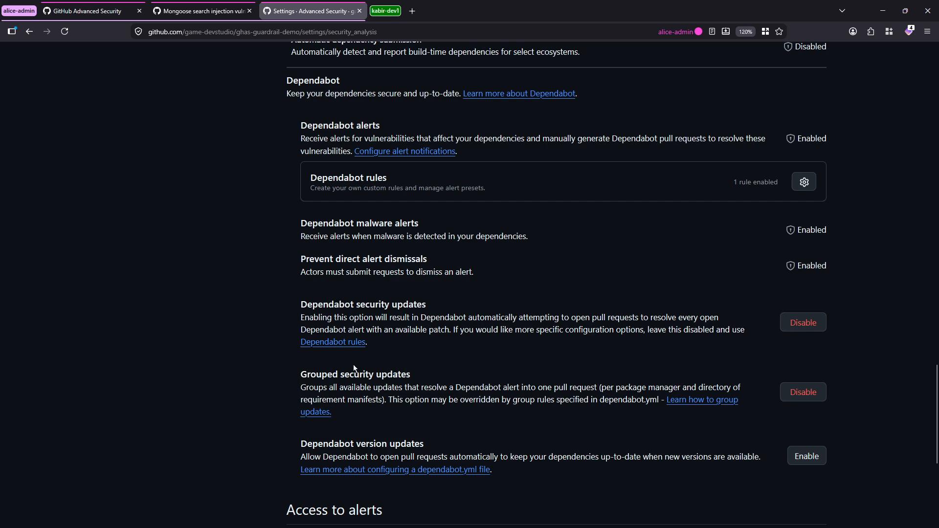 A dark-mode screenshot of a GitHub repository's Security settings showing Dependabot configuration (Dependabot alerts, malware alerts, security updates, grouped/version updates) with enable/disable buttons. The page also shows links and a gear button for Dependabot rules.