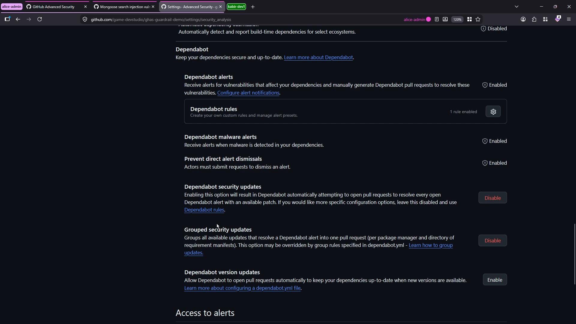 A dark-mode screenshot of a GitHub repository's Security settings showing Dependabot configuration (Dependabot alerts, malware alerts, security updates, grouped/version updates) with enable/disable buttons. The page also shows links and a gear button for Dependabot rules.