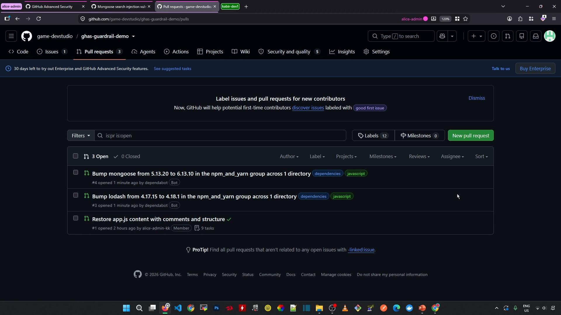 A dark-mode GitHub repository page showing the "Pull requests" tab for the game-devstudio/ghas-guardrail-demo repo. The list shows three open PRs, including dependabot bumps for mongoose and lodash and a restore app.js change.