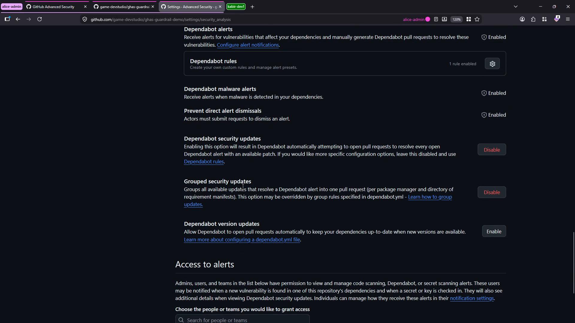 A screenshot of a GitHub repository's Advanced Security settings page showing Dependabot alerts and related options (Dependabot rules, malware alerts, security updates, grouped updates) with enable/disable controls. The page is displayed in a dark-themed browser window with tabs visible along the top.