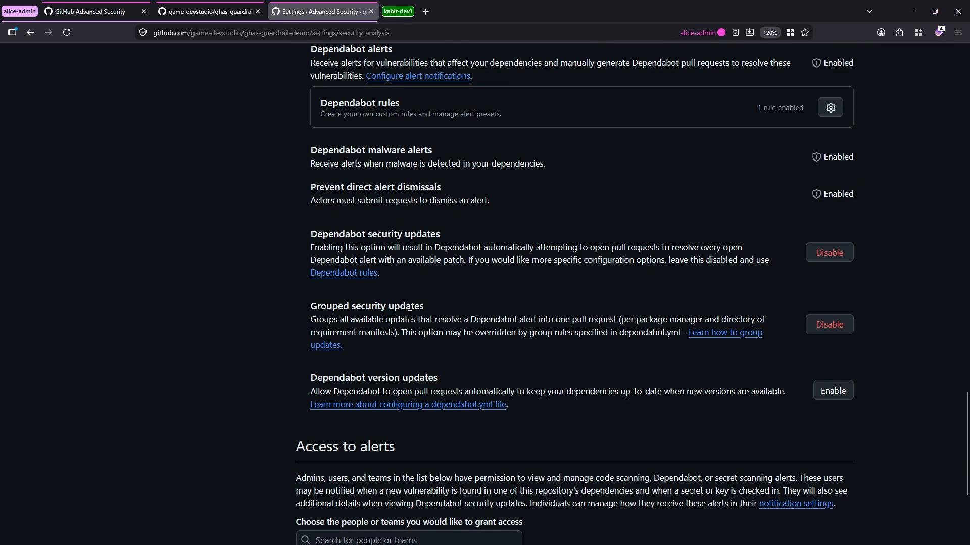 A screenshot of a GitHub repository's Advanced Security settings page showing Dependabot alerts and related options (Dependabot rules, malware alerts, security updates, grouped updates) with enable/disable controls. The page is displayed in a dark-themed browser window with tabs visible along the top.