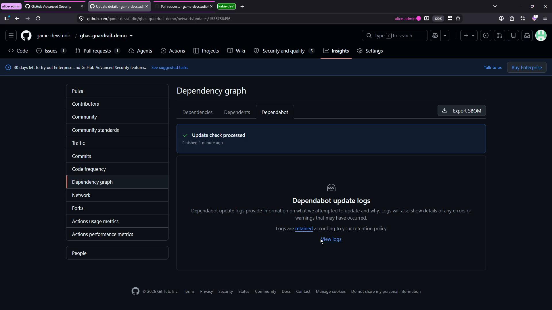 A screenshot of a GitHub repository's "Dependency graph" page in the Insights section, opened to the Dependabot tab. It shows a message "Update check processed," an "Export SBOM" button, and a section for Dependabot update logs with a "View logs" link.