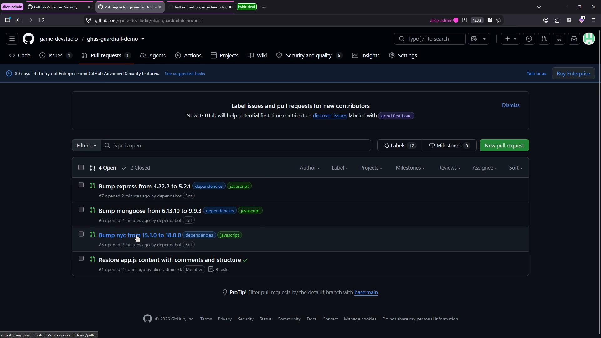 A GitHub repository Pull Requests page shown in dark mode. It lists several open PRs (dependency bumps by dependabot and a restore app.js PR) with labels, filters, and a "New pull request" button.