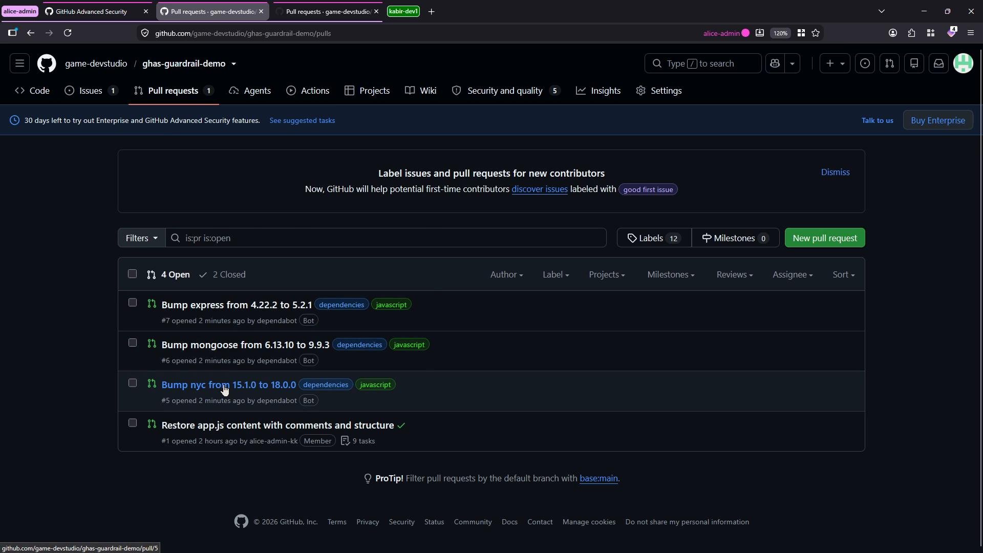 A GitHub repository Pull Requests page shown in dark mode. It lists several open PRs (dependency bumps by dependabot and a restore app.js PR) with labels, filters, and a "New pull request" button.