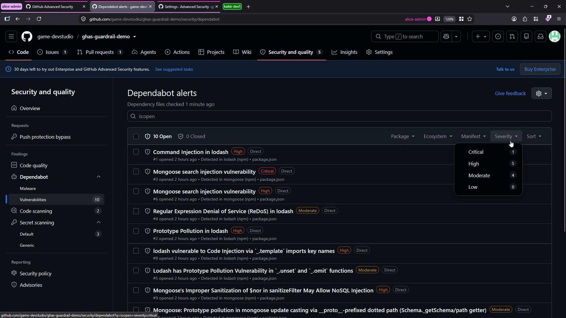 A screenshot of a GitHub repository’s "Security and quality" → Dependabot alerts page showing a list of open dependency vulnerabilities (lodash, mongoose, etc.) with severity badges and a severity filter menu.