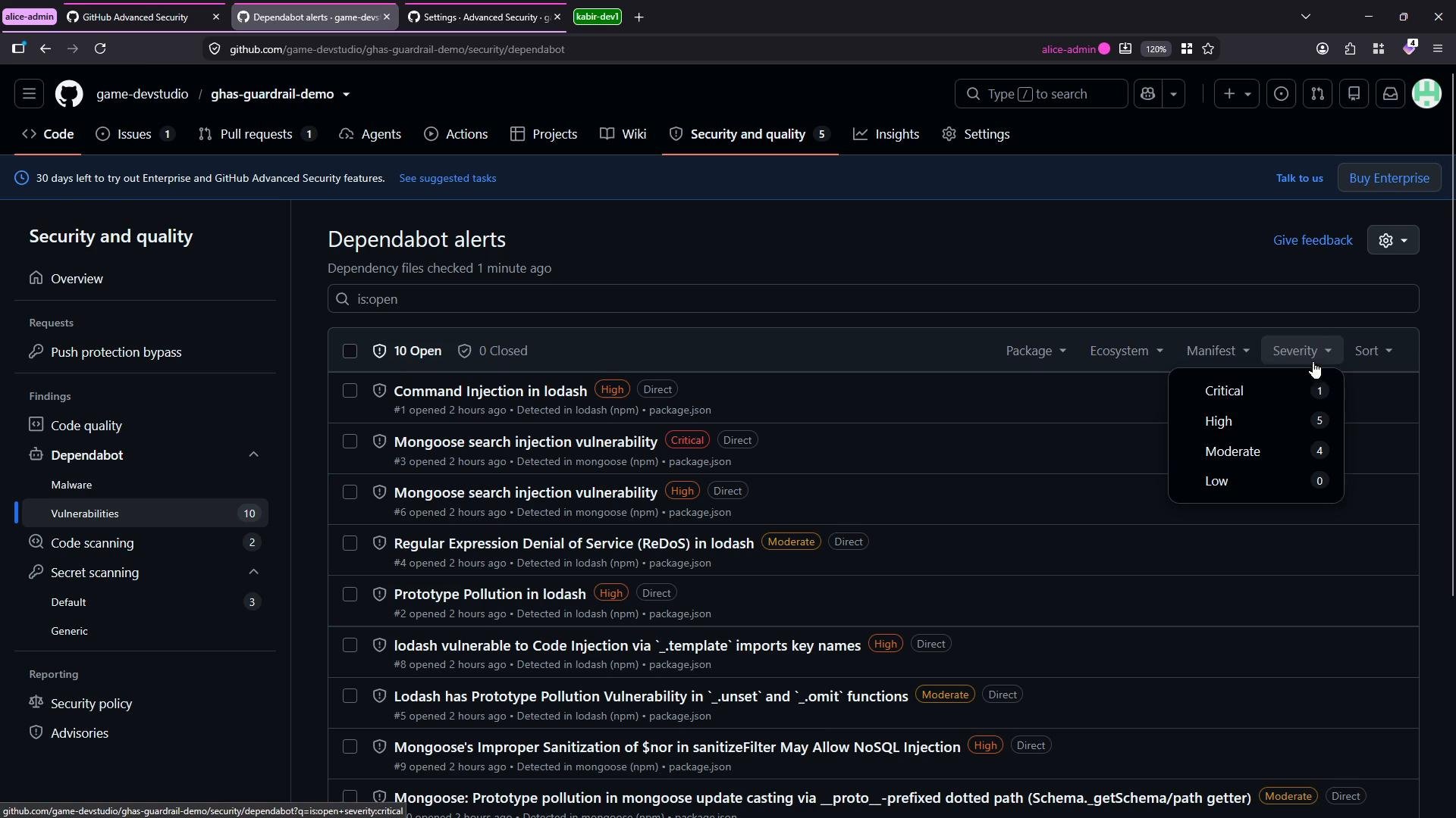 A screenshot of a GitHub repository’s "Security and quality" → Dependabot alerts page showing a list of open dependency vulnerabilities (lodash, mongoose, etc.) with severity badges and a severity filter menu.
