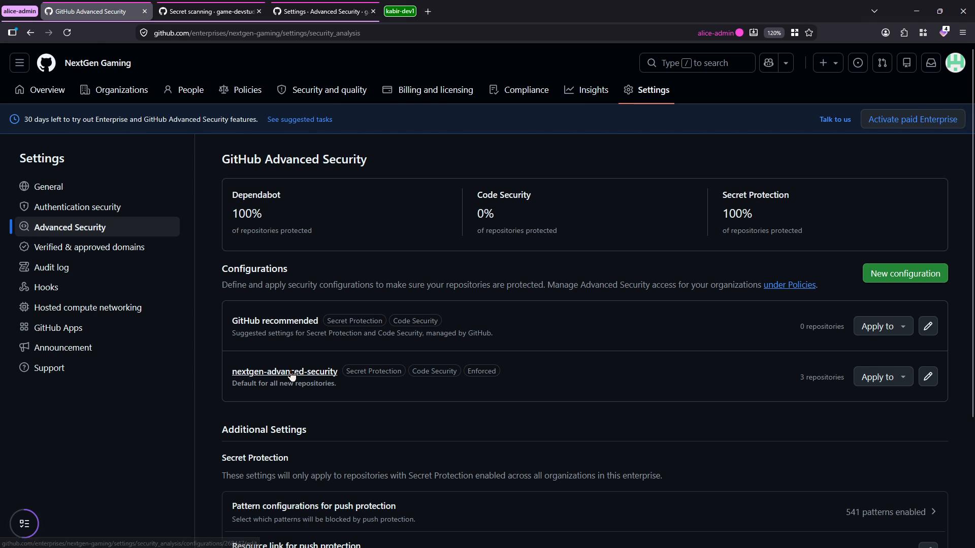 A dark-themed screenshot of the GitHub Enterprise "Advanced Security" settings page for an organization called "NextGen Gaming." It displays security metrics (Dependabot 100%, Code Security 0%, Secret Protection 100%), configuration options, and a left-hand settings menu.