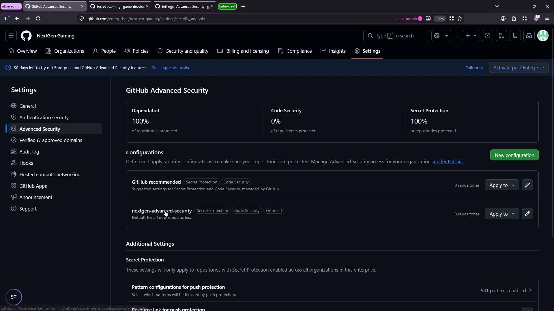 A dark-themed screenshot of the GitHub Enterprise "Advanced Security" settings page for an organization called "NextGen Gaming." It displays security metrics (Dependabot 100%, Code Security 0%, Secret Protection 100%), configuration options, and a left-hand settings menu.