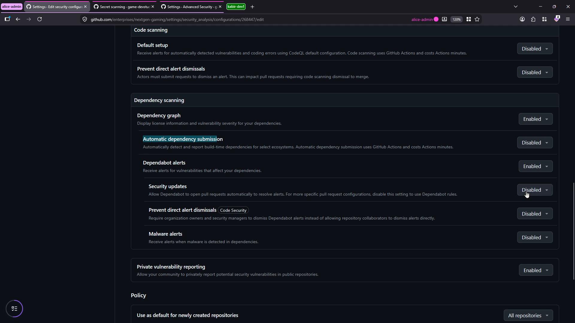 A dark-themed screenshot of a GitHub enterprise security settings page showing Code scanning and Dependency scanning options with toggles for features like Automatic dependency submission, Dependabot alerts, and security updates (Enabled/Disabled). The lower part of the page also shows sections for private vulnerability reporting and policy settings.