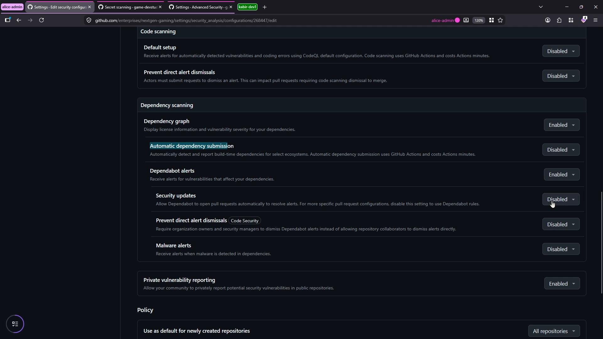 A dark-themed screenshot of a GitHub enterprise security settings page showing Code scanning and Dependency scanning options with toggles for features like Automatic dependency submission, Dependabot alerts, and security updates (Enabled/Disabled). The lower part of the page also shows sections for private vulnerability reporting and policy settings.