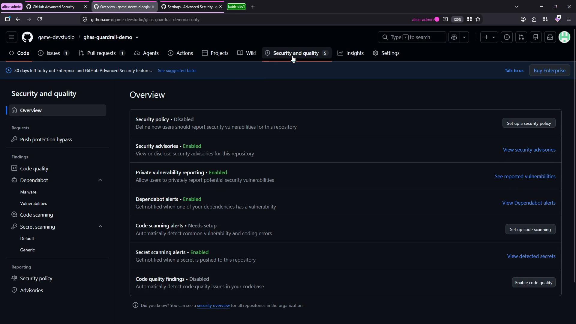 A dark-mode screenshot of a GitHub repository's "Security and quality" settings page (game-devstudio/ghas-guardrail-demo) showing an overview list of security features and their statuses (e.g., Security policy disabled, Security advisories enabled, Dependabot alerts enabled, code scanning needs setup).