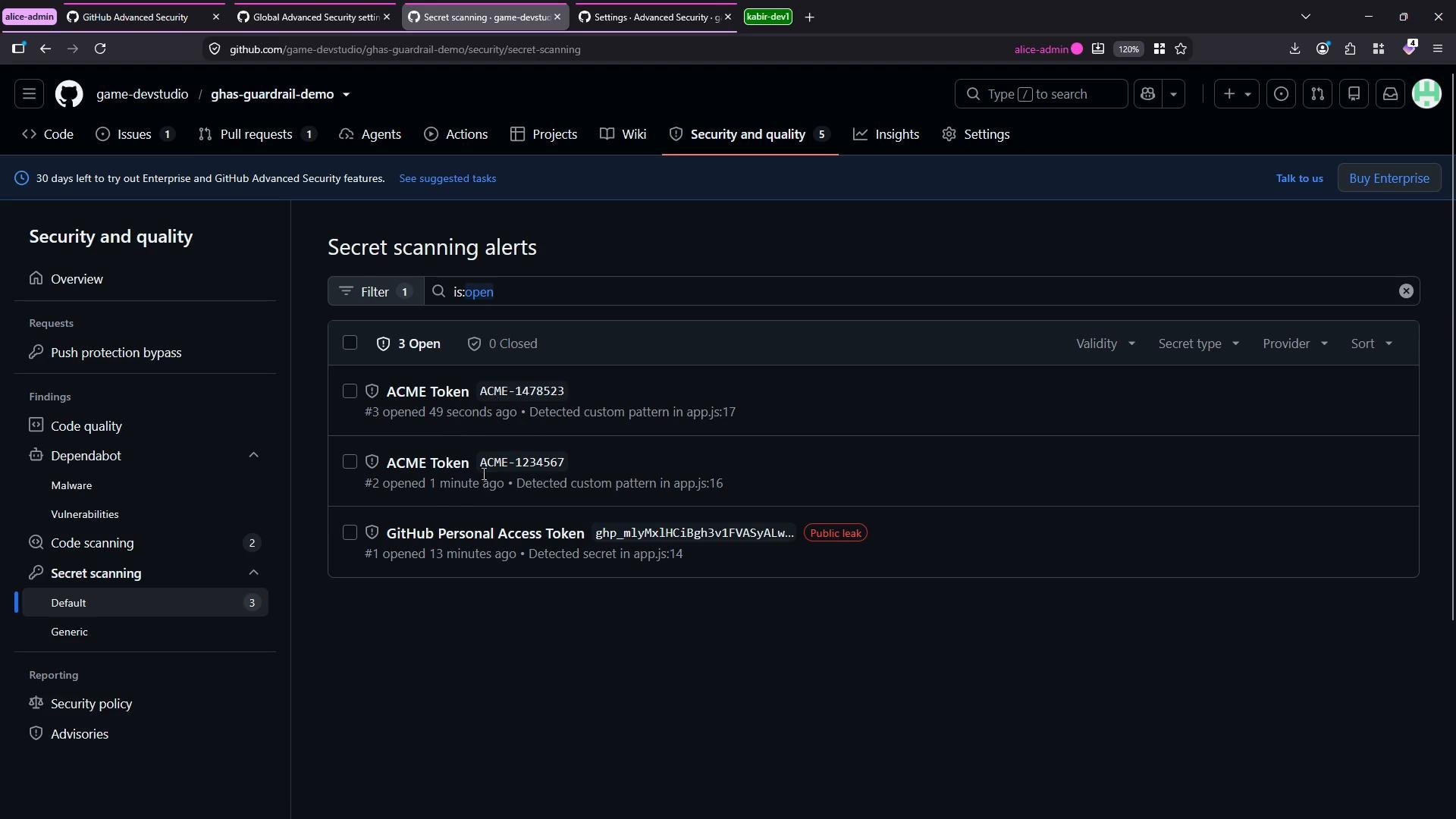 A GitHub "Security and quality" screen showing the Secret scanning alerts for a repository, listing three open alerts. Two are labeled "ACME Token" and one is a "GitHub Personal Access Token" flagged as a public leak.