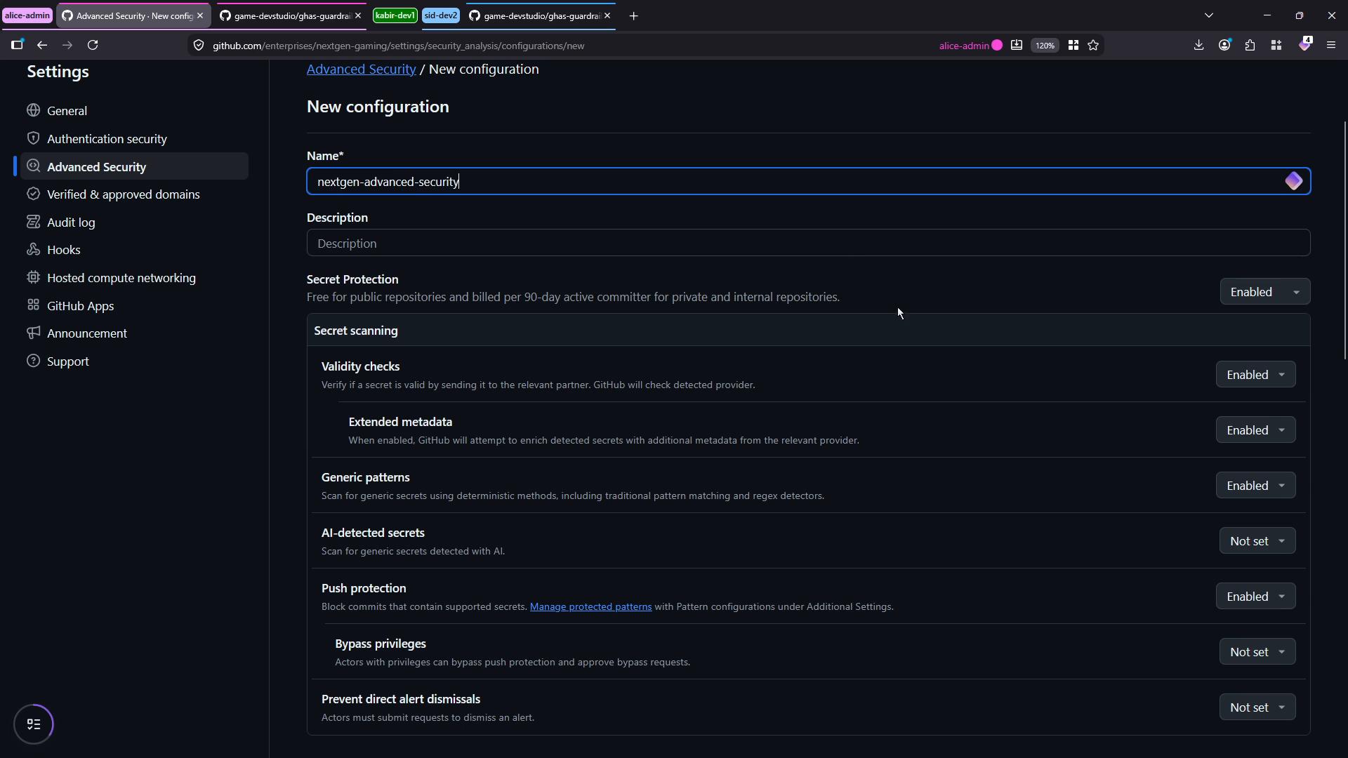 A dark-themed GitHub settings page showing the "Advanced Security / New configuration" form with a name field filled ("nextgen-advanced-security") and secret protection options. The screen lists secret scanning features (validity checks, generic patterns, AI-detected secrets, push protection) with various Enabled/Not set toggles.
