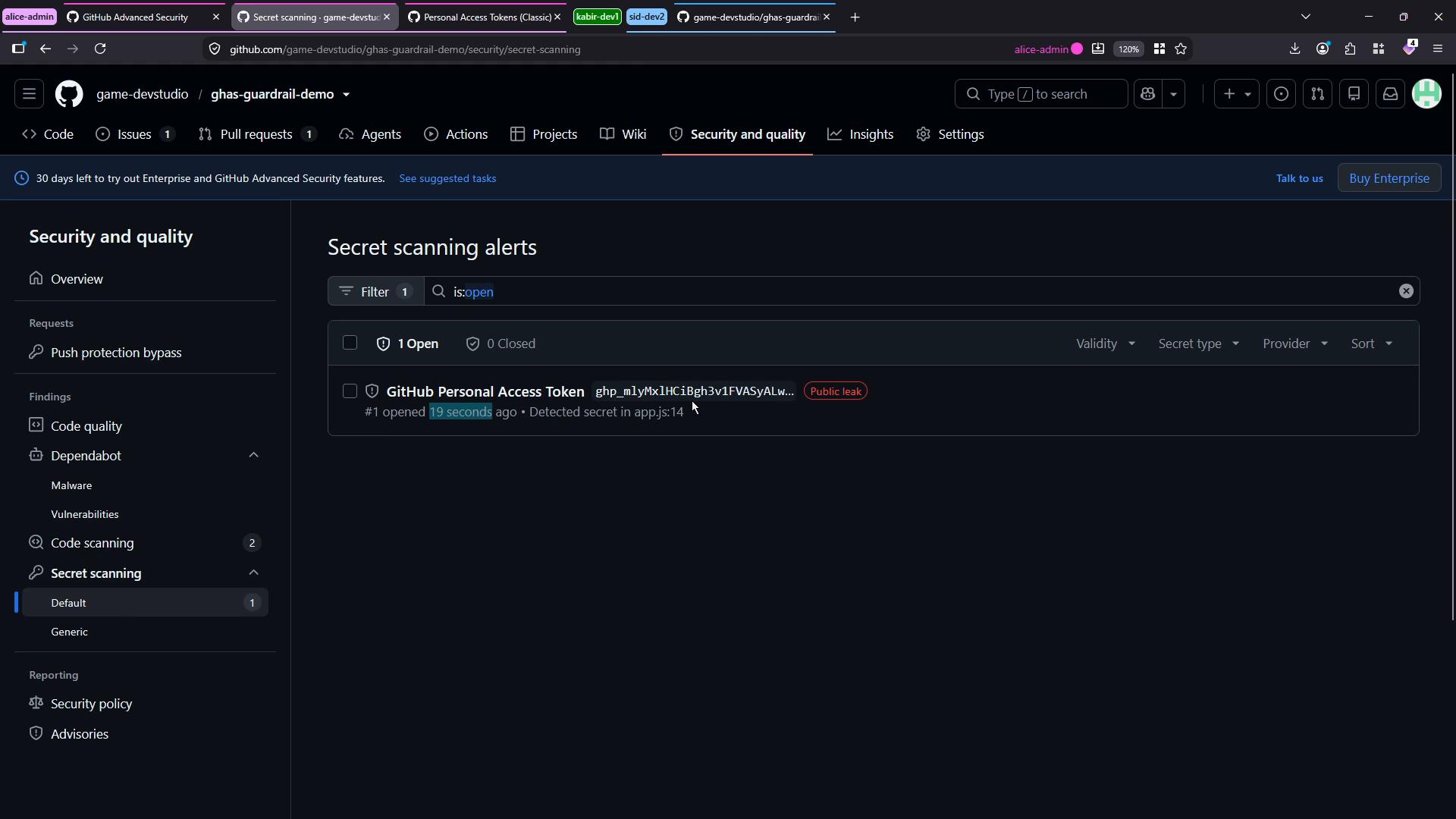 A GitHub repository security page showing the Secret scanning alerts tab with one open alert for a leaked GitHub Personal Access Token (marked as a public leak, detected in app.js). The screenshot is a dark‑theme browser view of the repository's Security and quality settings.