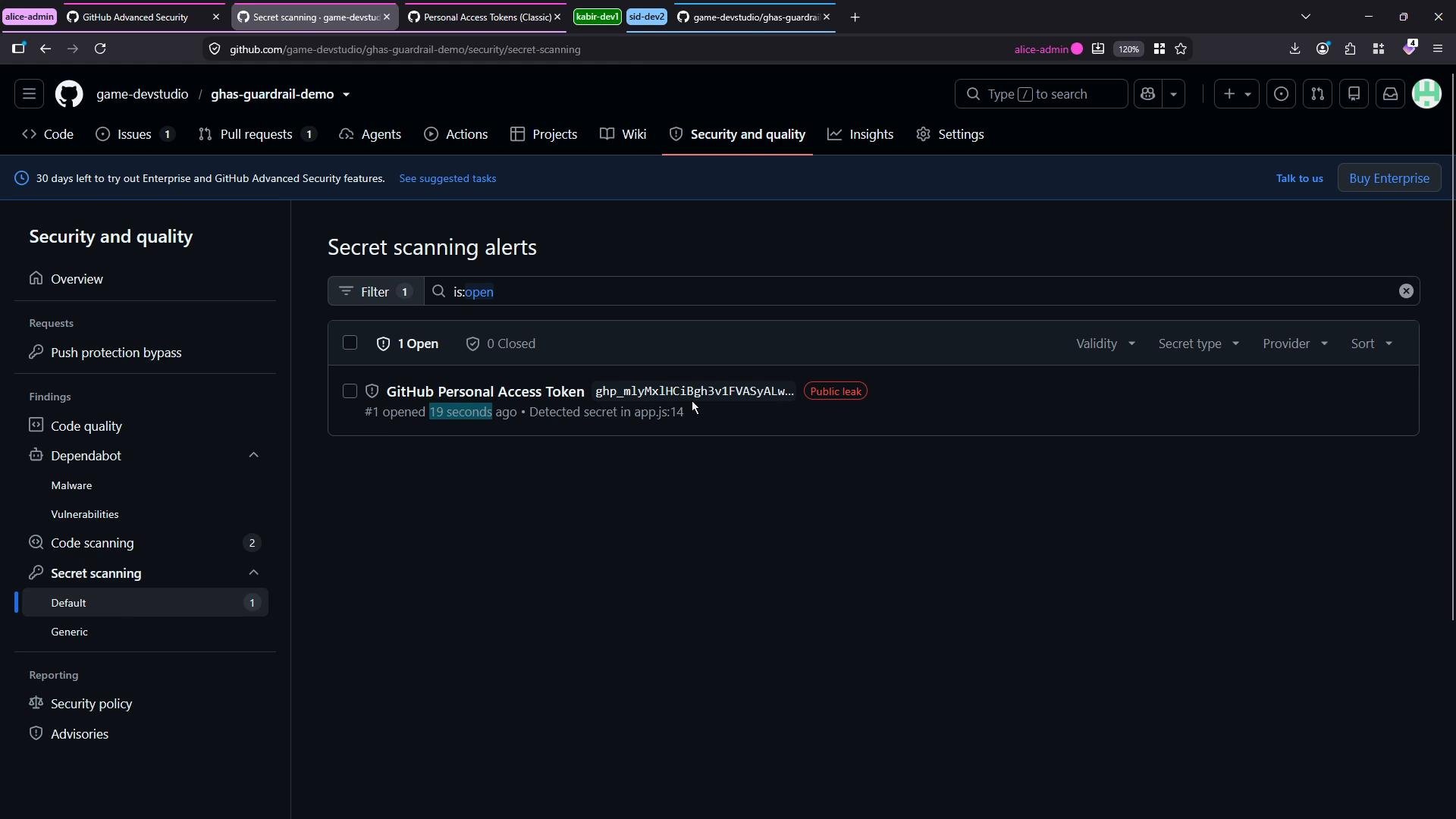 A GitHub repository security page showing the Secret scanning alerts tab with one open alert for a leaked GitHub Personal Access Token (marked as a public leak, detected in app.js). The screenshot is a dark‑theme browser view of the repository's Security and quality settings.
