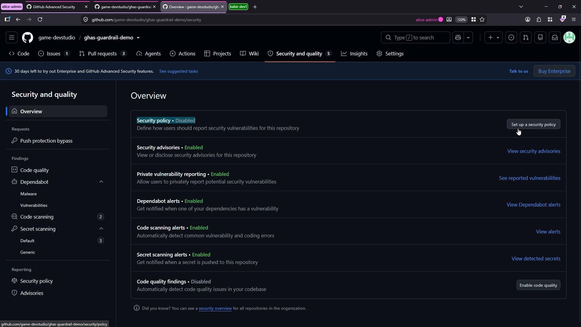 A GitHub repository "Security and quality" overview page for game-devstudio/ghas-guardrail-demo. It lists security features and their statuses (e.g., Security policy: Disabled; Security advisories, Dependabot, code scanning and secret scanning: Enabled).