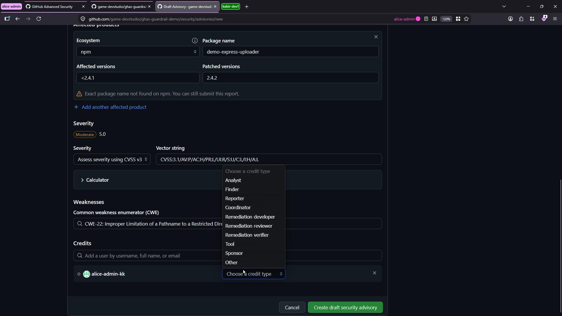 A screenshot of GitHub's "Create draft security advisory" form showing an npm package's affected and patched versions, severity/CVSS vector string, and weaknesses. A credits dropdown is expanded (listing roles like Analyst, Finder, Reporter, etc.) and the "Create draft security advisory" button is visible.
