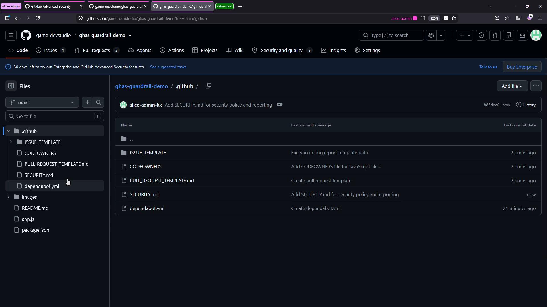 A dark-mode GitHub repository page displaying the .github folder and a list of files (ISSUE_TEMPLATE, CODEOWNERS, PULL_REQUEST_TEMPLATE.md, SECURITY.md, dependabot.yml) with recent commit messages. The left sidebar shows other repo files like README.md, app.js, and package.json.